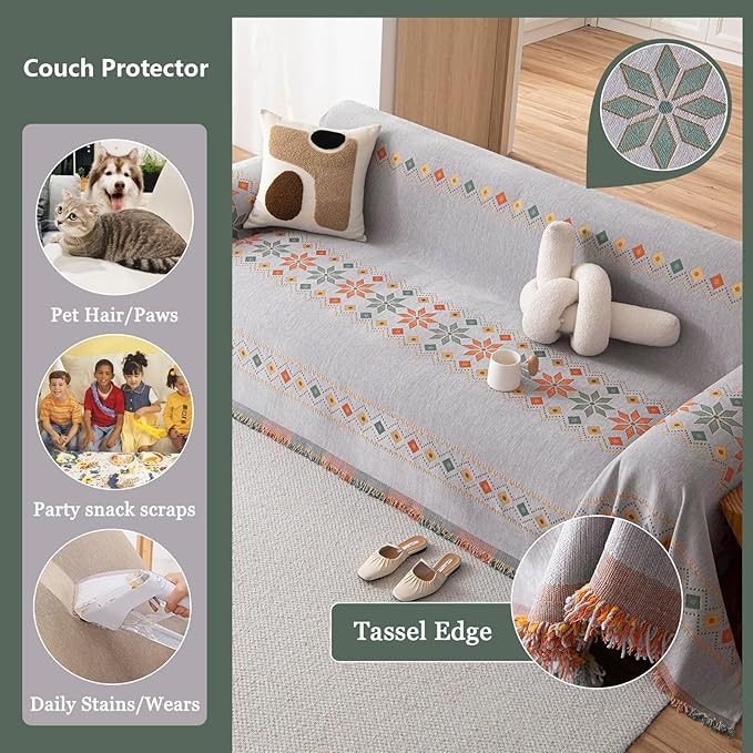 DREAMINGO Boho Couch Cover Grey Chenille Sofa Protecor