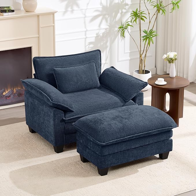 Oversized Accent Chair with Ottoman Set of 2, Upholstered Armchair with Extra