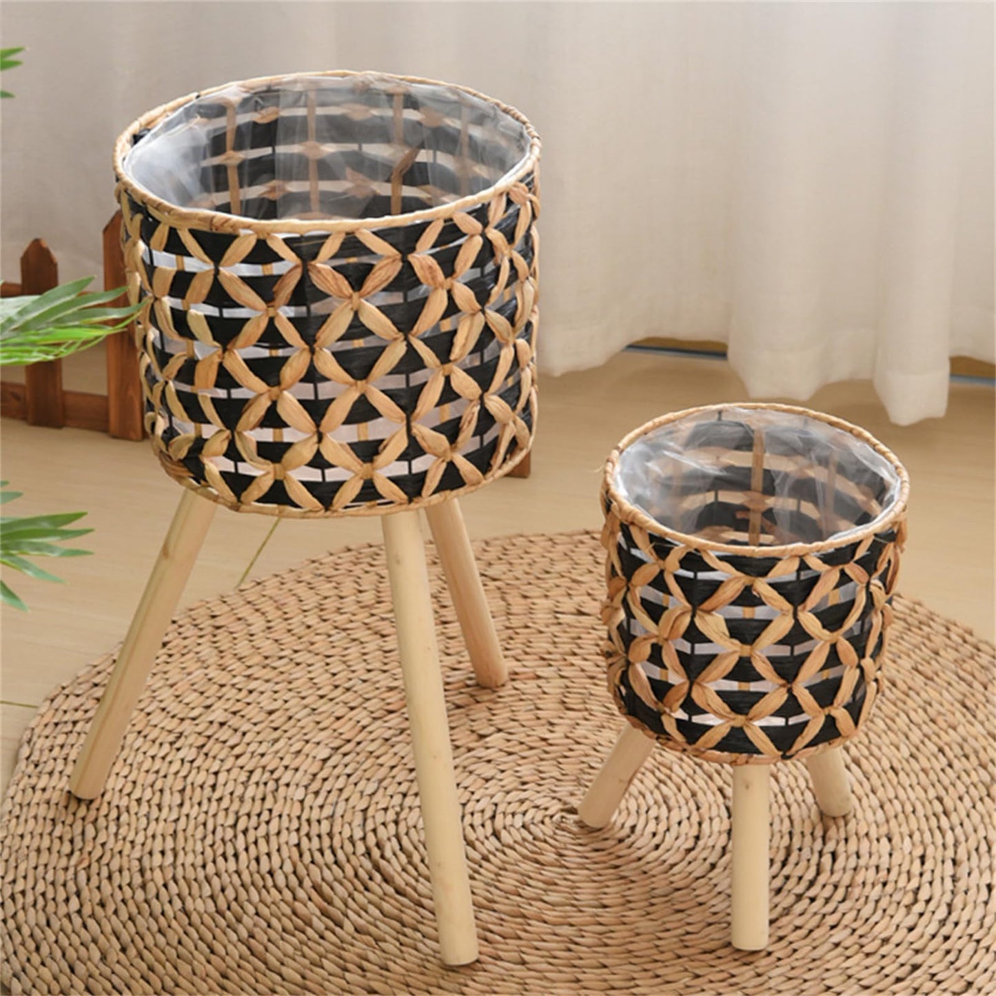 WAGHAVEN Woven Planter Baskets with Plastics Lining and 3 Wooden Legs, Wicker Planter Basket,Boho-Plant Pot with Stand,Plant Baskets Indoor with Liner for Plant, Flowers, Toy, Country Farmhouse