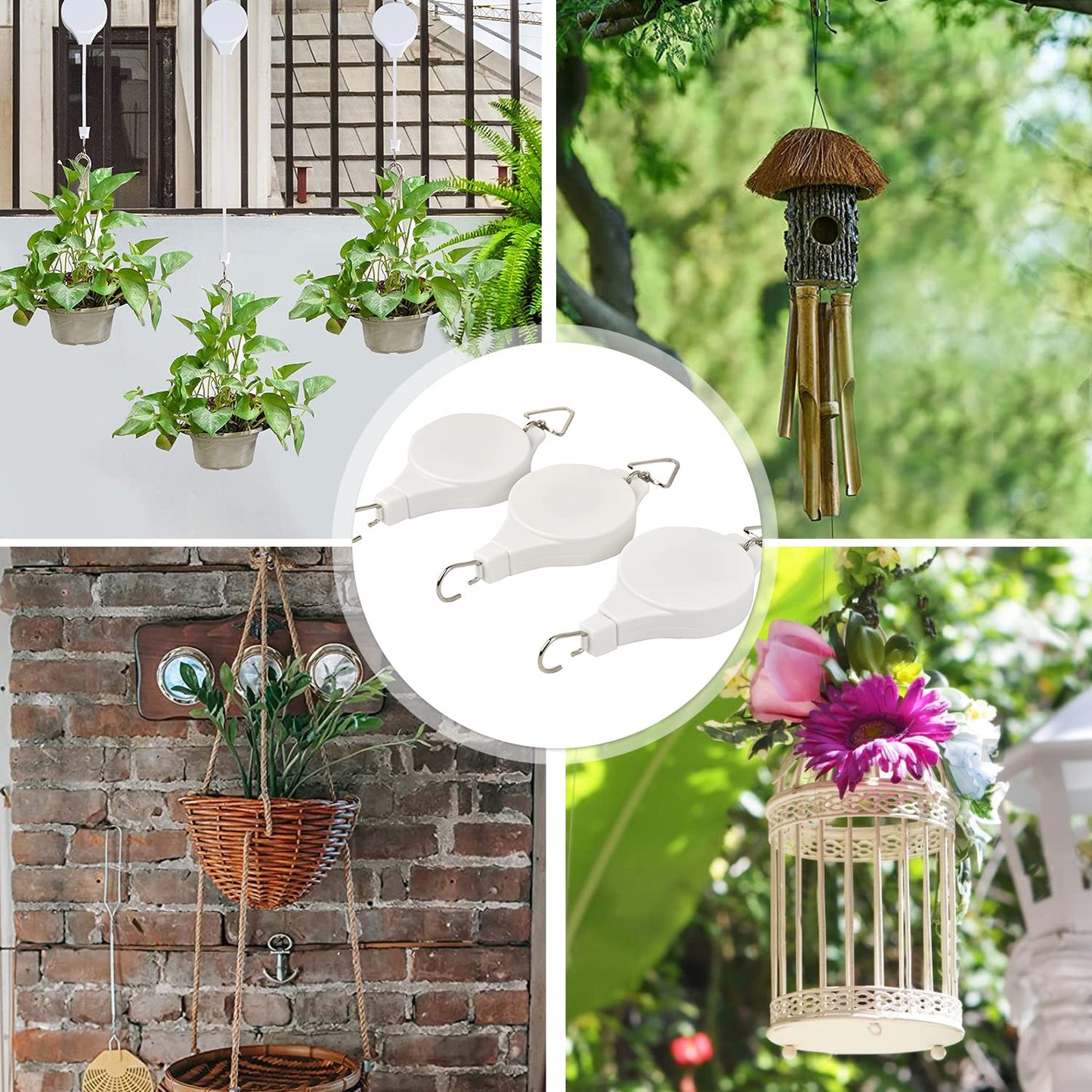 Sungmor Heavy Duty Ceiling Hooks for Hanging Planters, 3pcs Set Indoor Outdoor Plant Pulleys Adjustable Plant Hangers, Plant Hooks for Hanging Basket Flower Pot Bird Feeder