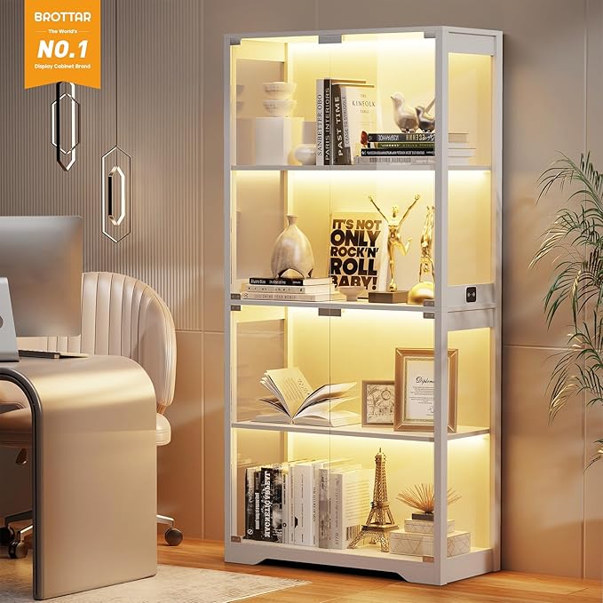 BROTTAR Display Cabinet with Glass Doors, 4-Tier Curio Cabinet with 3 Color