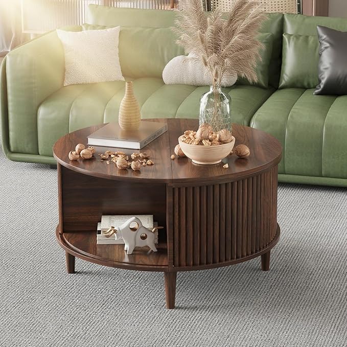 Round Coffee Table with Storage, Fluted Lift Top Coffee Table