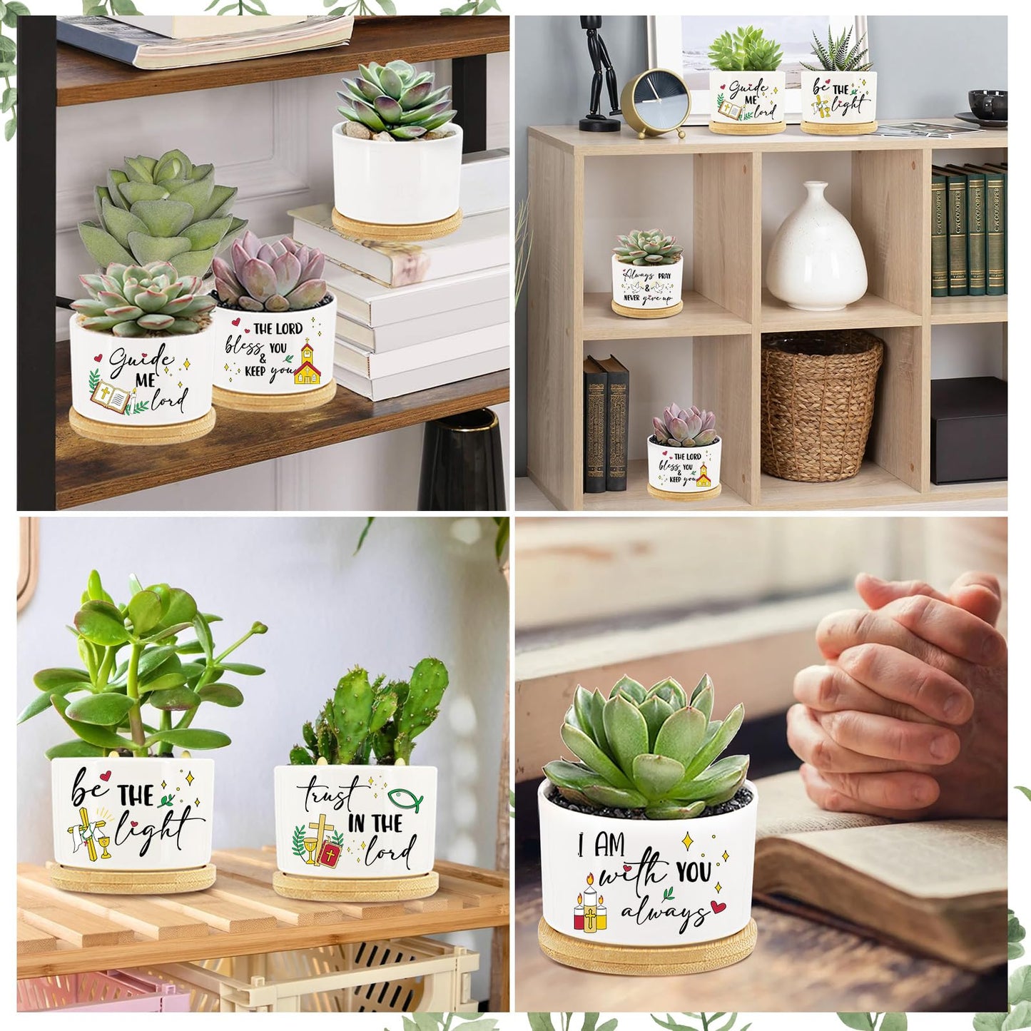 Tarklanda 6Pcs Christian Gifts Plant Pot, Bible Verse Succulent Pots Mini Ceramic Flower Planters Pot with Bamboo Tray Thank You Religious Gift for Mother Teacher, Plant Not Included