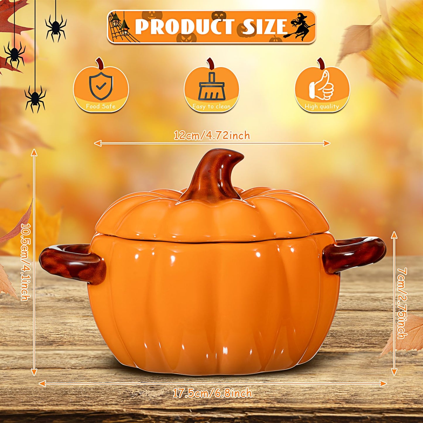 Uiifan 2 Pcs Pumpkin Bowl Ceramic Pumpkin Pot for Cooking Thanksgiving 17 oz Casserole Cookware Soup Dish Orange Cute Safe Oven Pot with Lid Double Ear for Fall Halloween Autumn Baking