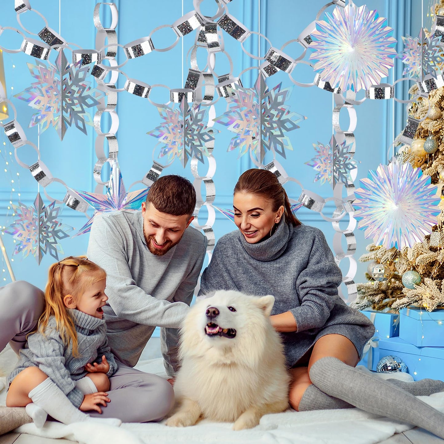 310Pcs Christmas Party Decorations Set Including 3D Iridescent Snowflakes Garland, Paper Chain Strips Craft, Hanging Paper Fans and Hexagonal Star Ornaments for Winter Wonderland Xmas Holiday Decor