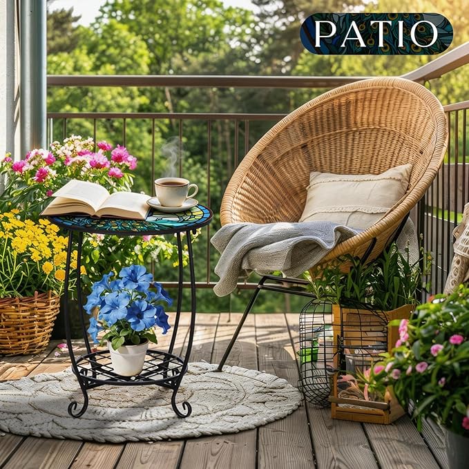 Cinnvoice Outdoor Side Table Round Small Mosaic Patio Accent Indoor End Plant