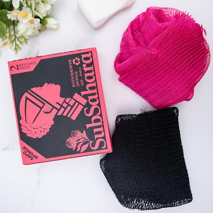SubSahara Authentic African Net Sponge - 2 Pack Exfoliating Bath & Shower Loofah Sponge for Body & Face, Gentle Scrubber for All Skin Types, Travel, Durable (Black & Pink)