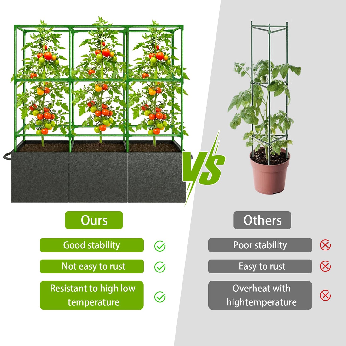 Rovexin 51x17x49 Inch Garden Tomato Cages Planter with 46 Gallon Grow Bags, Square Plant Support Trellis,for Vertical Climbing Plants Vegetables Fruits Flowers Outdoor Gardening Supplies