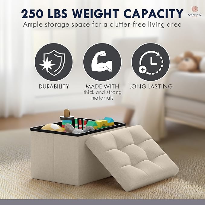 Ornavo Home Small Storage Ottoman Foldable Collapsible Rectangle Linen Ottoman