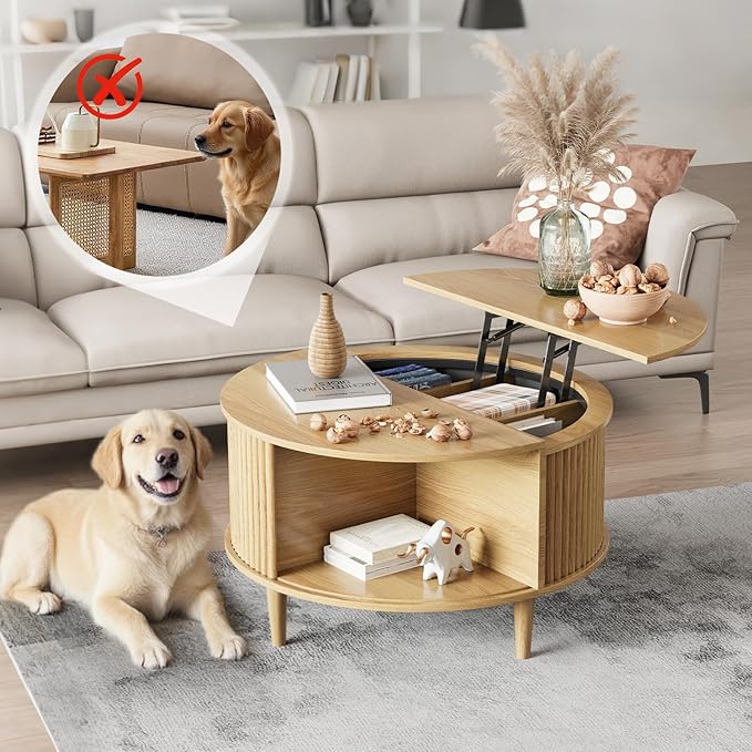 Round Coffee Table with Storage, Fluted Lift Top Coffee Table