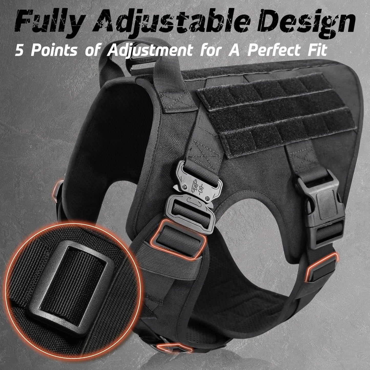 rabbitgoo Tactical Dog Harness for Large, Heavy Duty Pet Harness with Handle, No-Pull Service Vest Large Breed, Adjustable Military Dog Vest for Training Hunting Walking, Black, L