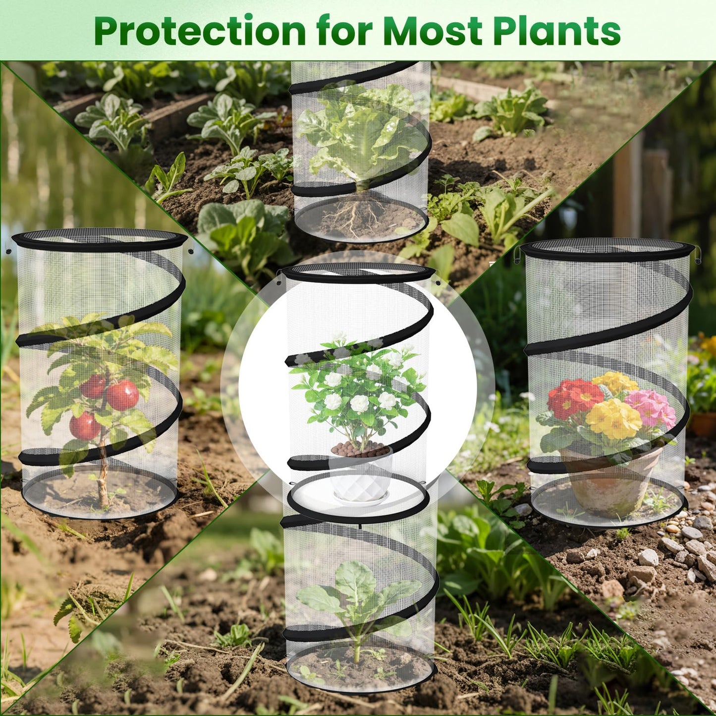 Erinaik 4 Pack Pop up Plant Guard Covers Tent from Animals White, 19.6" x 11.8" Foldable Plant Protectors Mesh Net, Garden Plant Enclosure Protection Cage with Stakes & Carry Bag for Outdoor Plants