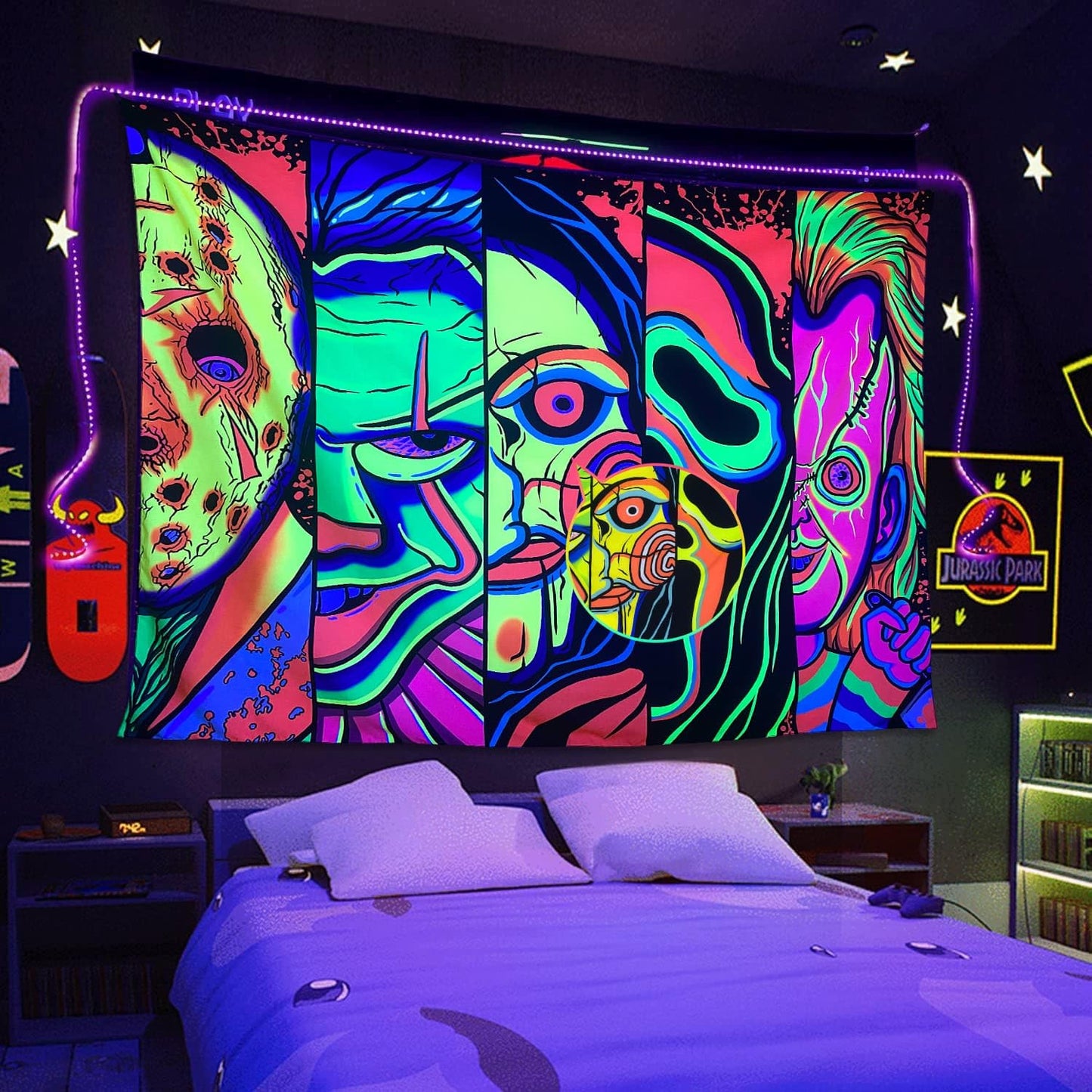 ARTCREATOR Black Light Art Halloween Wall Decor Trippy Blacklight Horror Face Tapestry, UV Reactive Tapestries Glow in The Dark Party Tapestry for Bedroom, Living Room (59" x 78")