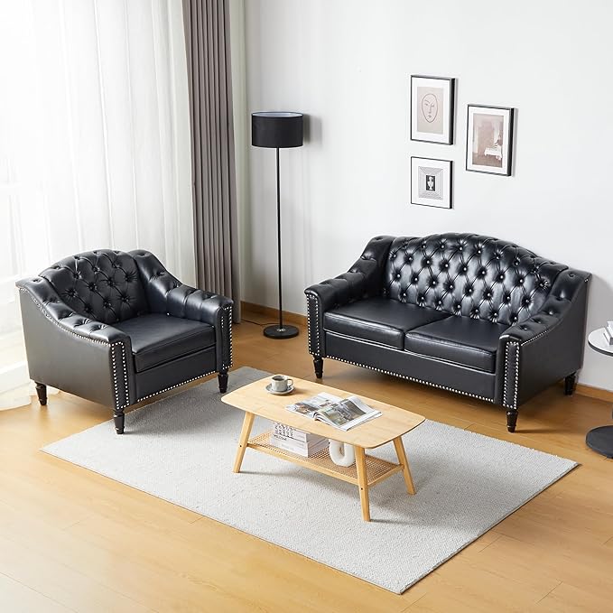 LEVNARY Chesterfield Loveseat Leather, Upholstered Sofa