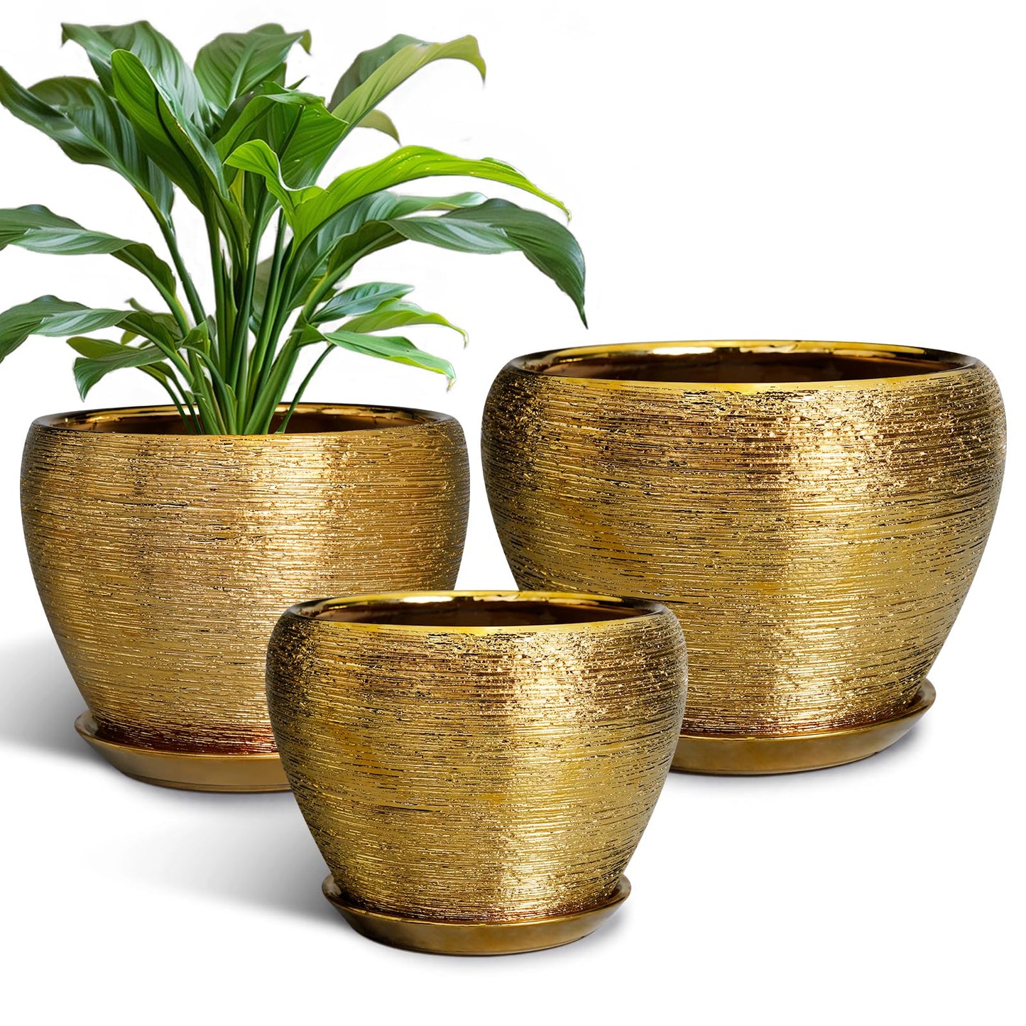 EPFamily Flower Pots for Indoor & Outdoor Plants - Ceramic Pots 10 Inch, 8 Inch, 6 Inch with Drainage Holes, Saucers - Decorative Large Planters Set of 3 Gold