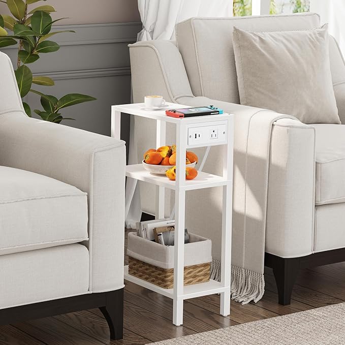 TUTOTAK Narrow Side Table with Charging Station, Small End Table with USB Ports
