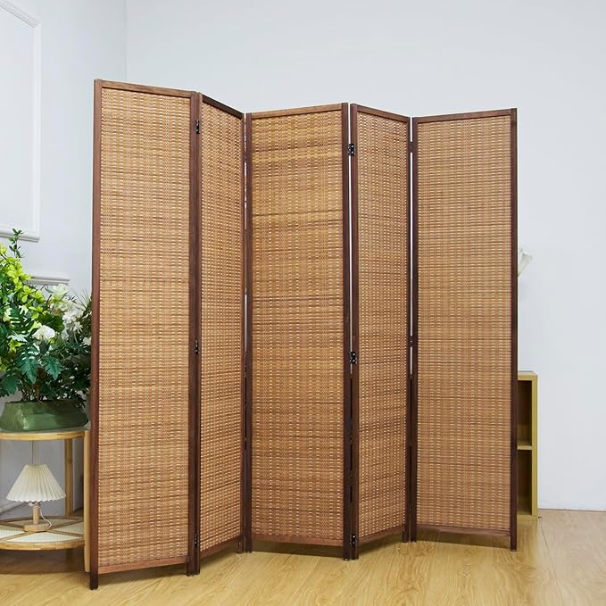 5 Panel Bamboo Room Divider Screen, 5.6 FT Tall Bamboo Divider Folding Privacy