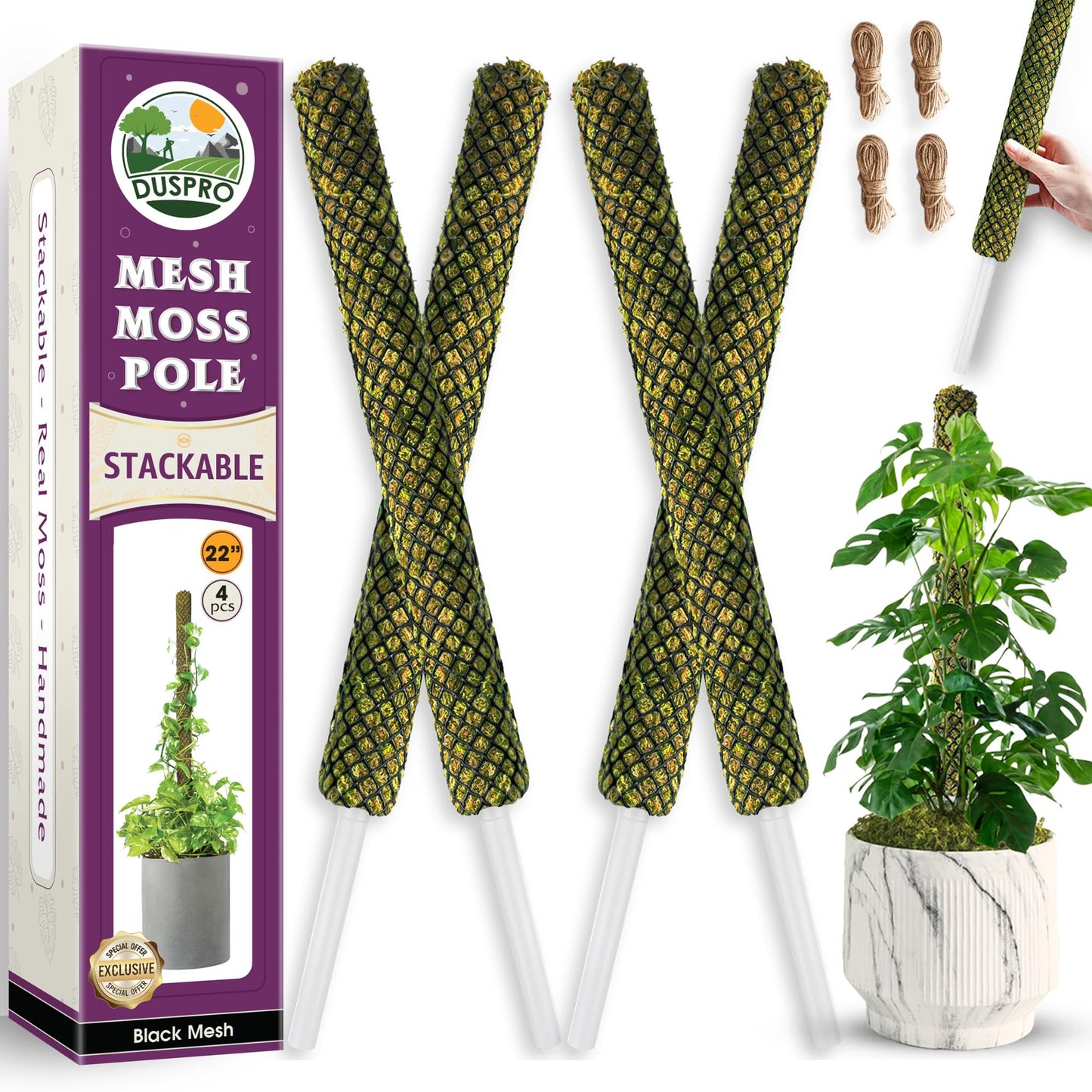 DUSPRO 4 Pack 22" Black Stackable Mesh Moss Pole for Plants – Extendable Up to 71", Natural Forest Moss Pole Monstera Plant Support, Moss Stick for Climbing Plants, Indoor Plant Stakes Accessories