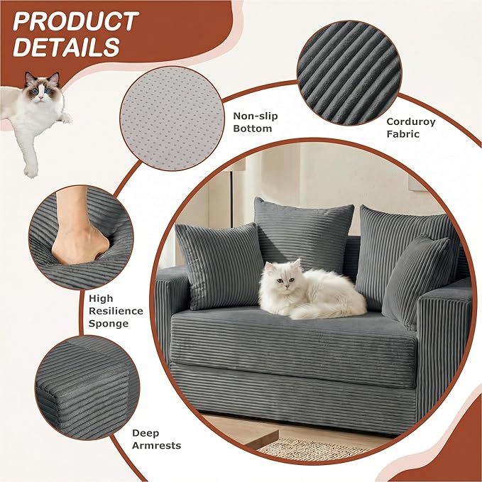 Convertible 5 in 1 Futon Sofa Bed Full Size, Corduroy Boneless Couch Sleeper
