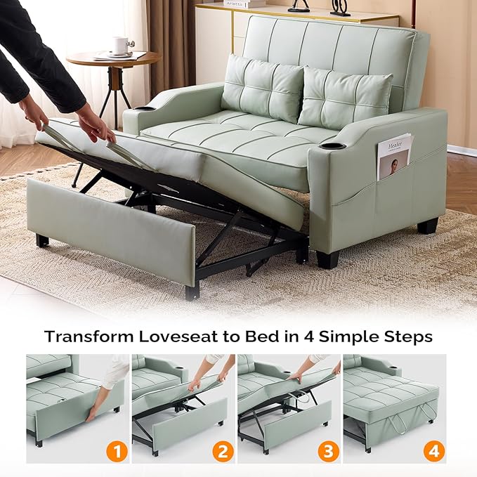 VINGLI Green Futon Sofa Bed Convertible Loveseat Sleeper Couch, Faux Leather