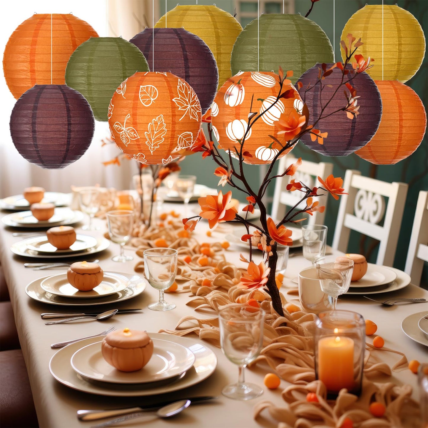 Bencailor 16 Pcs Thanksgiving Paper Lanterns Fall Party Paper Lanterns Dark Orange Pumpkin Round Thankful Maple Leaves Hanging Party Decorations for Autumn Harvest Outdoor Decor