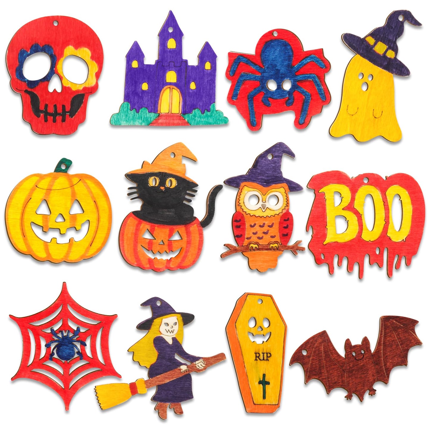 60PCS Halloween Wood Crafts for Kids, Unfinished Wooden Slices Cutouts Ornaments Bulk for Kids to Paint, DIY Halloween Painting Art Craft Activities for Hanging Decorations Gifts Pumpkin
