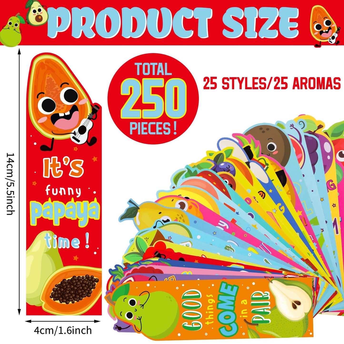 Fainne 250 Pcs Scented Bookmarks Kids Bulk Scratch and Sniff Bookmarks Fun Fruit Food Assorted Educational Bookmark for Students Teens Reader 25 Styles, 25 Scents
