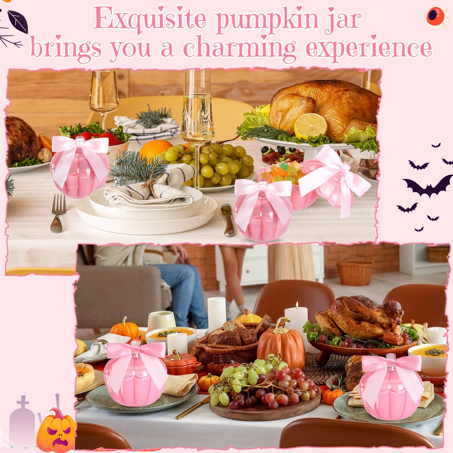 Mimorou 8 Set 4 Set Thanksgiving Candy Bowl with Lids Pink Glass Pumpkin Candy Jar with Bow for Thanksgiving Day Table Centerpiece Decoration