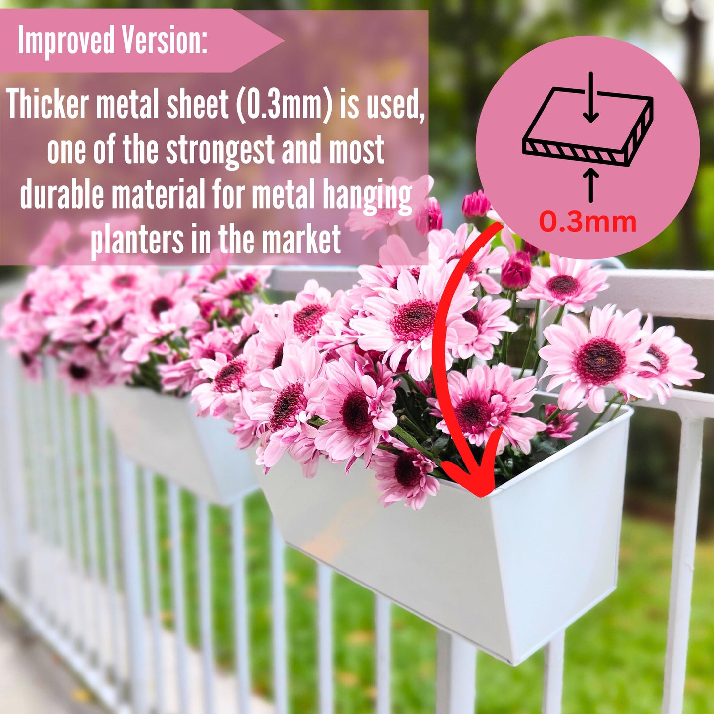 LaLaGreen Rail Planter (16 Inch, 3 Pack) Rectangular Metal Hanging Flower Railing Fence Balcony Gardening for Apartment Patio Planters Modern Garden Style Porch Decor Iron Outdoor Deck Decoration