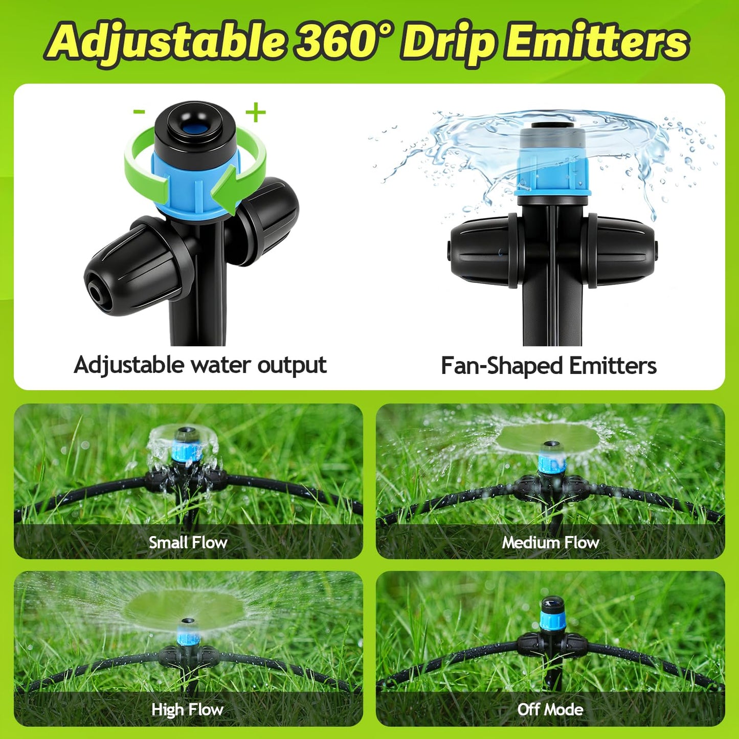 Copadri 26pcs Two-Way Drip Emitters Fan Shape with Stake for 1/4" Irrigation Tubing, Adjustable 360 Degree Water Flow Irrigation Vortex Sprayer Garden Irrigation Dripper for Watering System