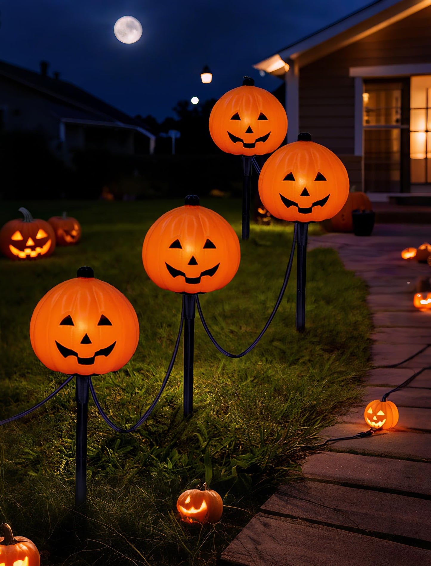 4 Pack Halloween Pumpkin Pathway Marker Lights with C7 Clear Bulbs, 7Ft Pumpkin Night Light with 4 Stakes, Extendable Waterproof Pathway Decor for Yard Porch Lawn Pathway Garden Chirstmas
