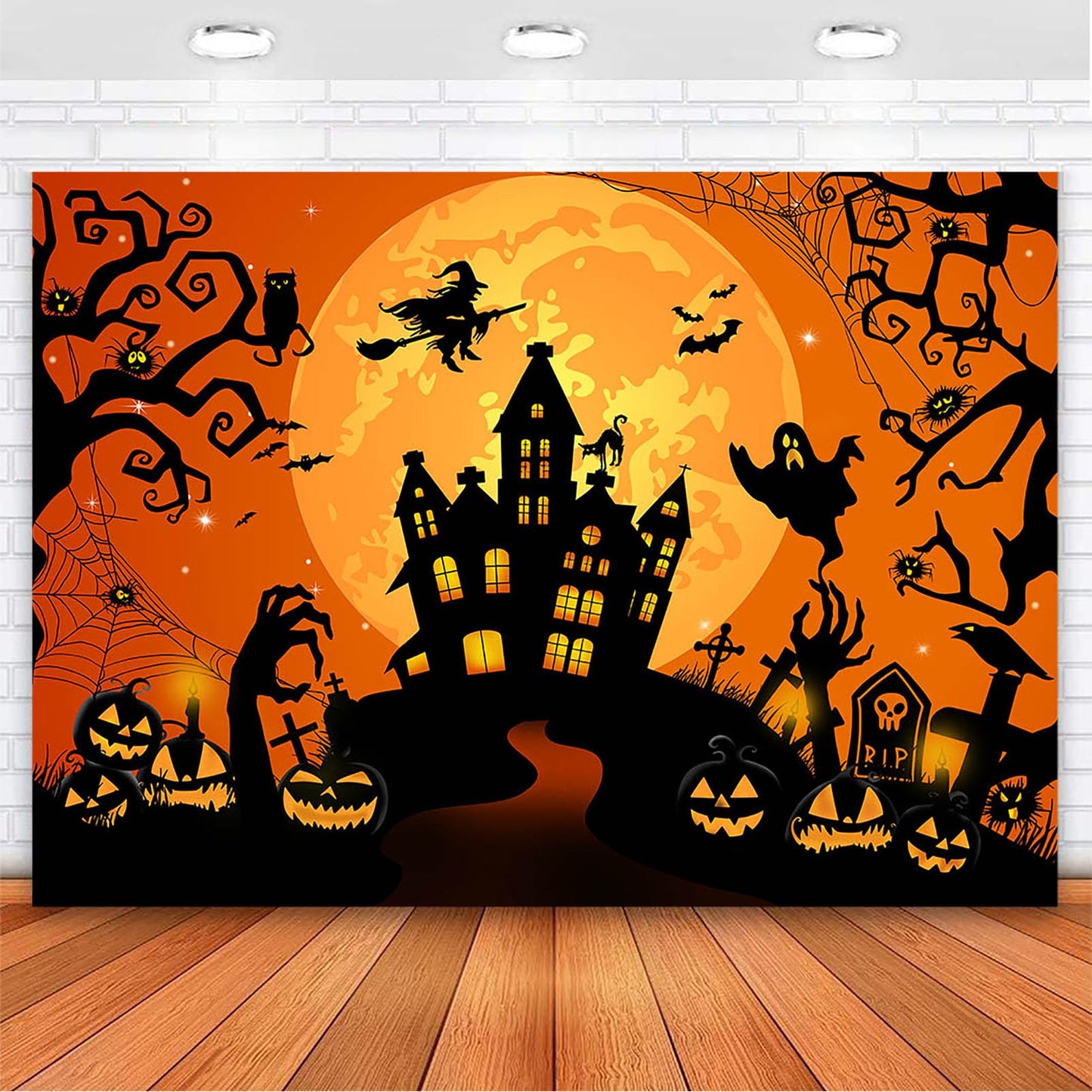 Avezano Halloween Backdrop - Horror Moon Night Backdrop for Parties - Haunted Castle, Scary Pumpkin Lantern, Witch, Full Moon - Photography Background, Orange, 10x7ft