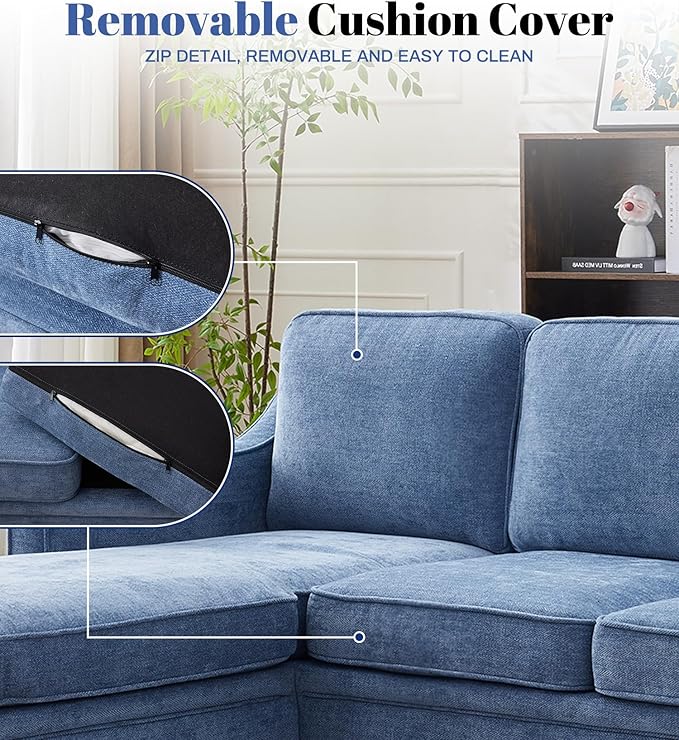 Kingfun 88" L-Shape Sofa, Chenille Sectional Couch, Mid Century Modern Couches
