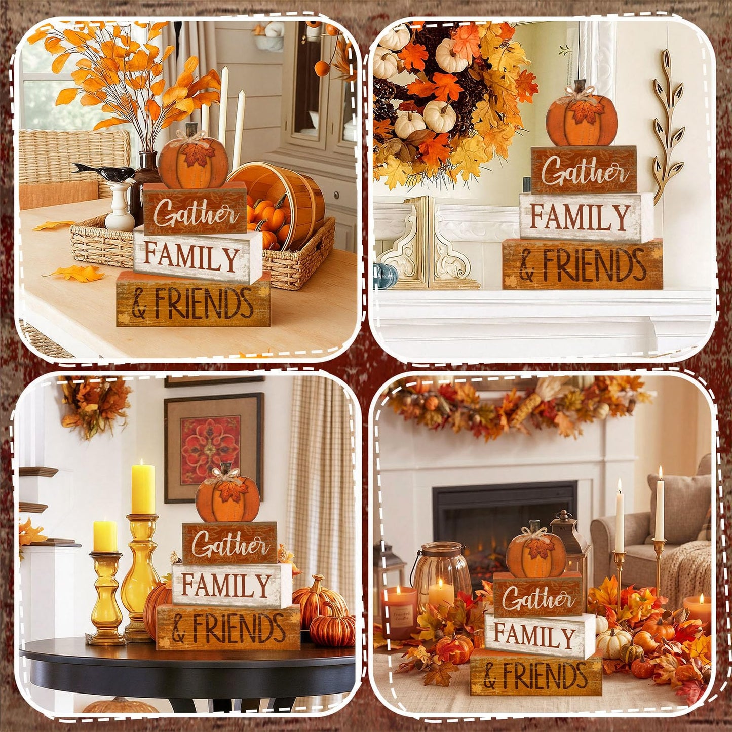 Lineshading 4 Pcs Fall Pumpkin Decor Fall Decorations for Home Wooden Pumpkin Decor Thanksgiving Table Centerpiece Rustic Decorative Autumn Stacked Block Signs Farmhouse for Harvest Party Home Kitchen