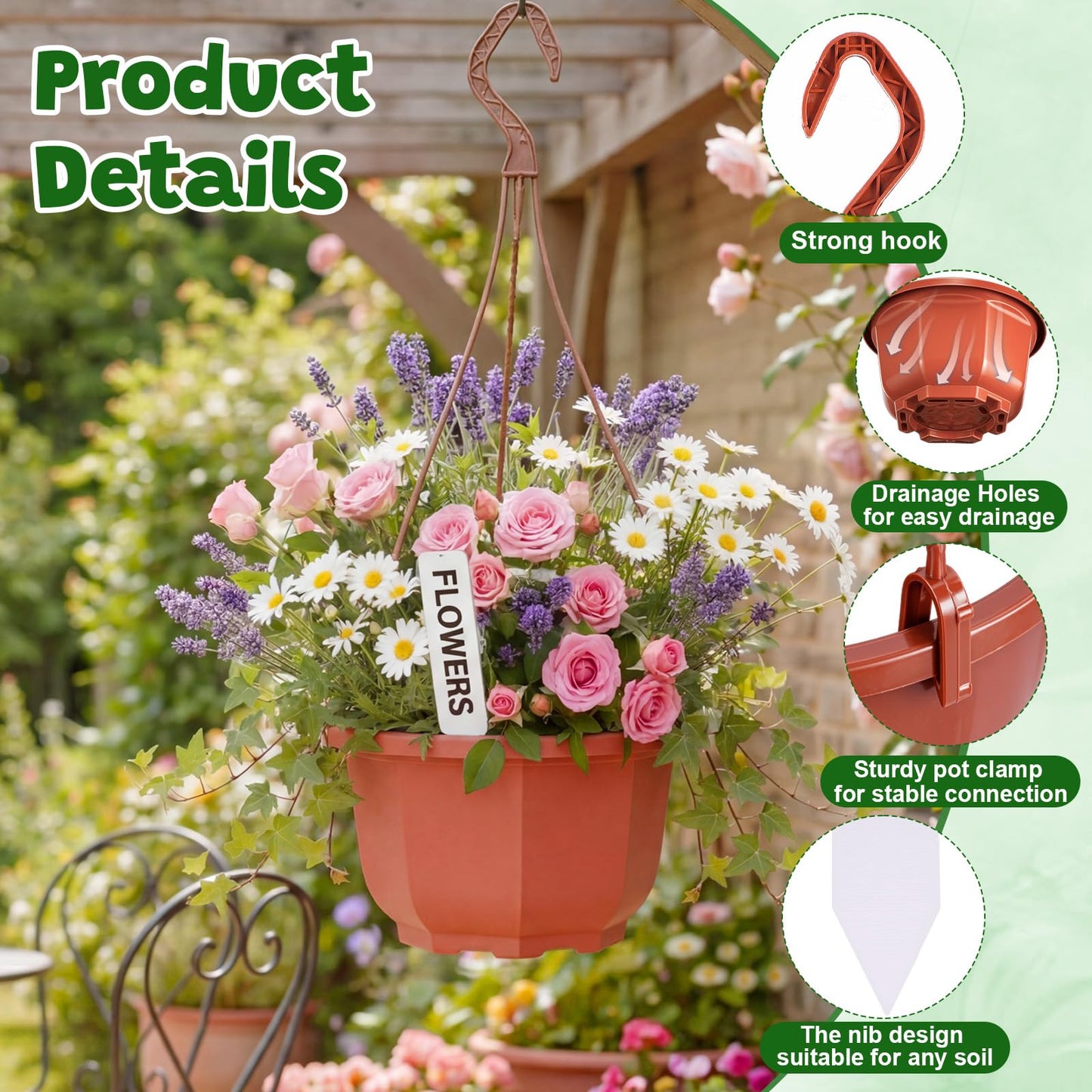 Romooa 200 Pack 5.1 Inch Plastic Hanging Pots Bulk Nursery Hanging Planters with Hooks and Drainage Small Grower Pots for Indoor Outdoor Plants, Garden, Includes 200 Labels(Brown)