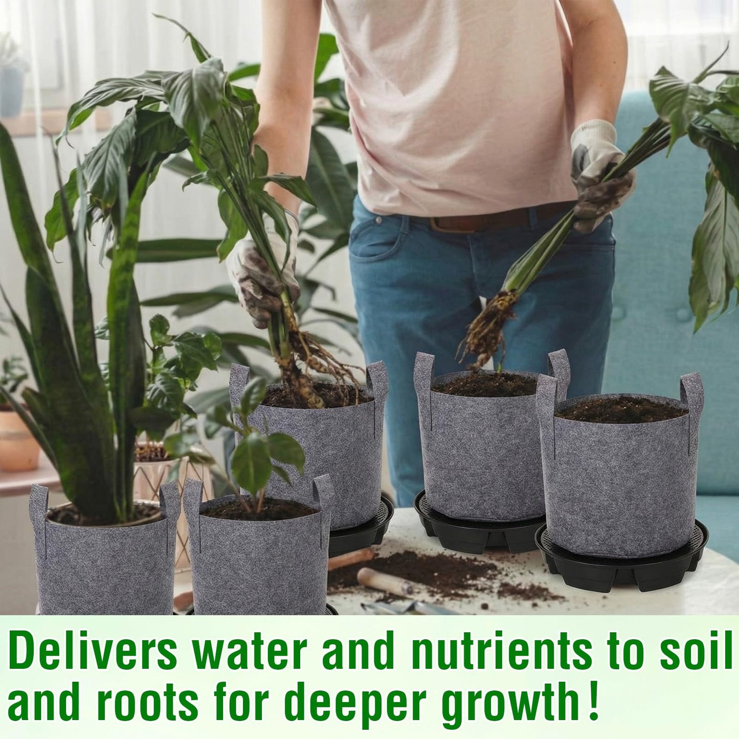 Jingmore 6 Set Self Watering Fabric Pot Base 3 Gallon Plant Nonwoven Grow Bags Automatic Watering System Plant Saucer Elevated Flower Trays with Handles for Fruits Vegetables Flowers Grow(Grey)