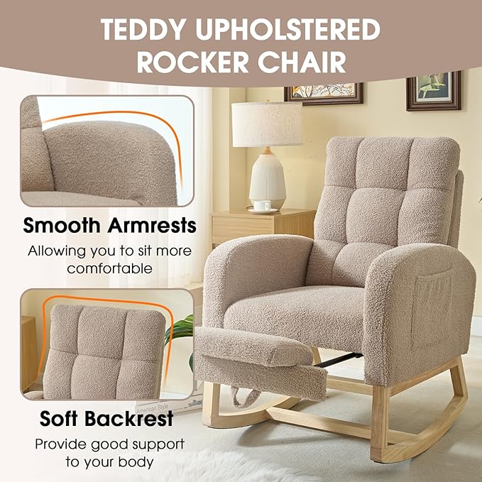 NIOIIKIT Modern Nursery Rocking Chair, Teddy Upholstered Rocking Chair