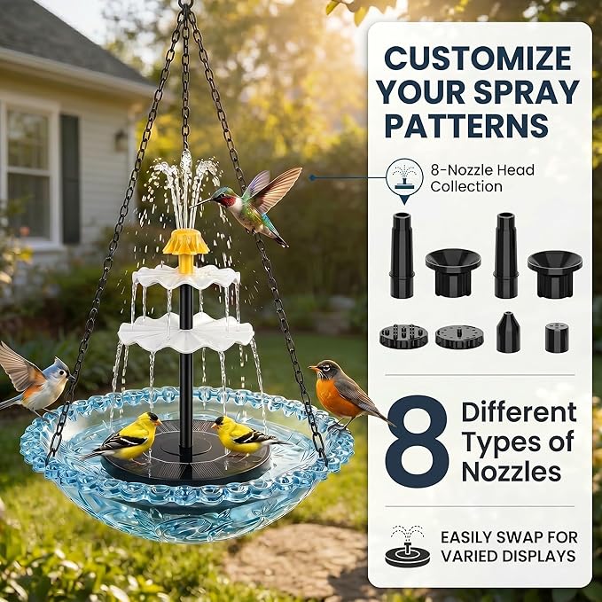 Solar Cascade Hanging Bird Bath Fountain, Solar Fountain Pump with 8 Nozzles, Hanging Bird Bath with Water for Outdoors Garden Patio Backyard Lawn Decor (Pink)