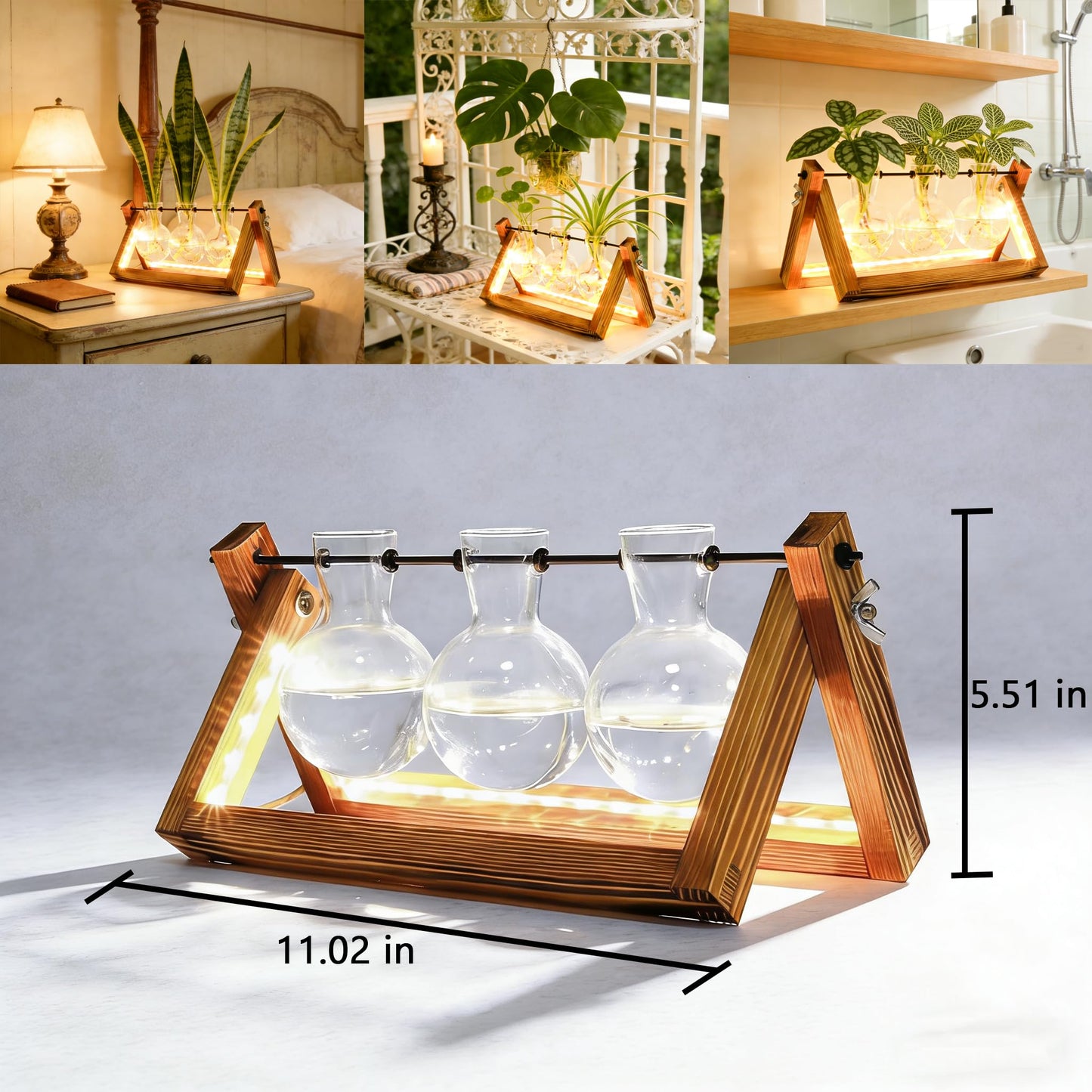 Plant Propagation Stations with LED Lights, Plants Terrarium with Retro Wooden Stand Glass Vase Hydroponics Planter Birthday Gift for Plant Lovers Home Garden Office Indoor Decoration-3 Bulb Vase