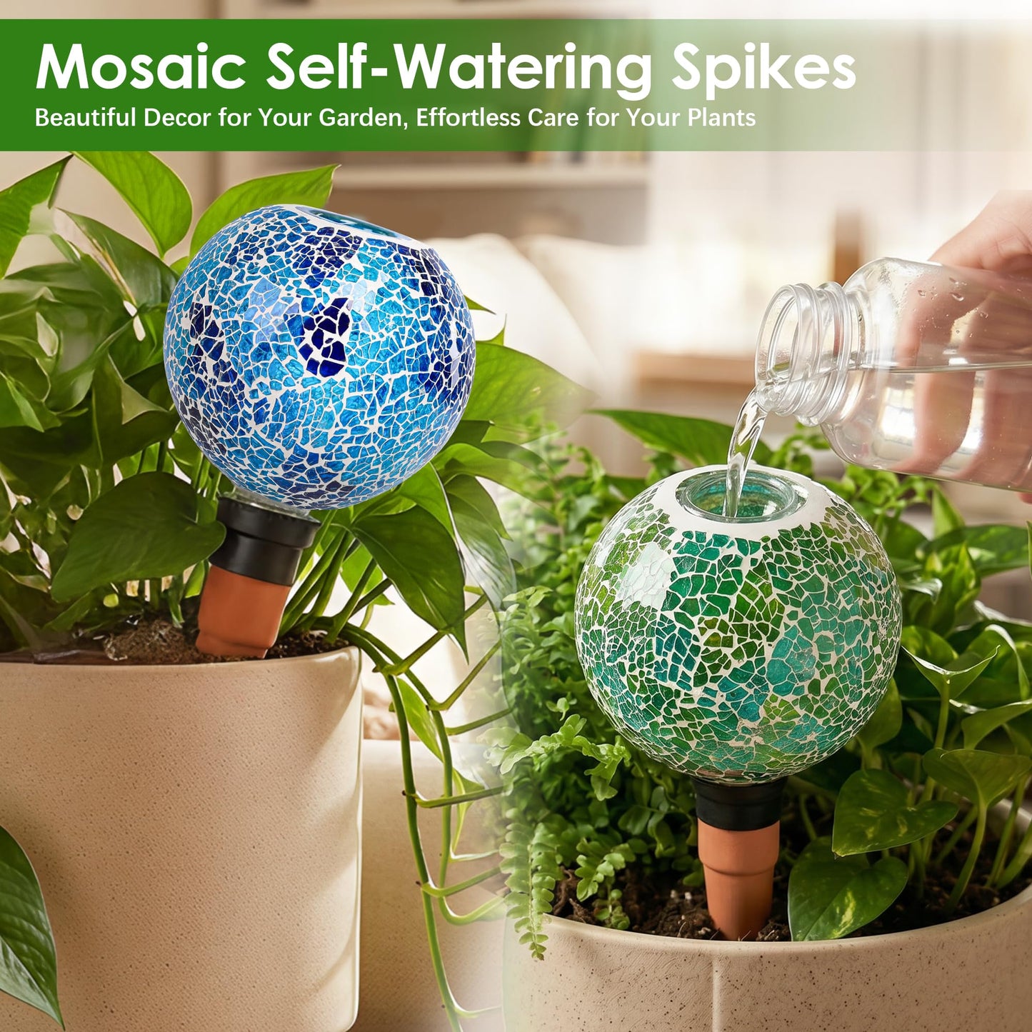 Chonsun Terracotta Watering Spikes Mosaic Plant Watering Globes for Outdoor Plants 2 Pack Automatic Plant Waterer Indoor for Pots Garden Office