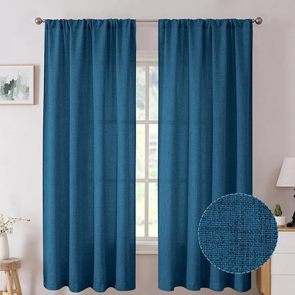 Tollpiz Linen Curtain Bedroom Rod Pocket Semi Sheer Curtains Burlap Light Filtering Thick Linen Drape for Living Room, 54 x 63 inches Long, Classic Blue, Set of 2 Panels