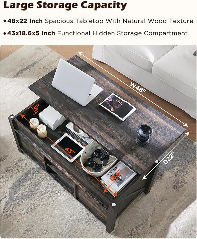 OKD 48" Farmhouse Lift Top Coffee Table