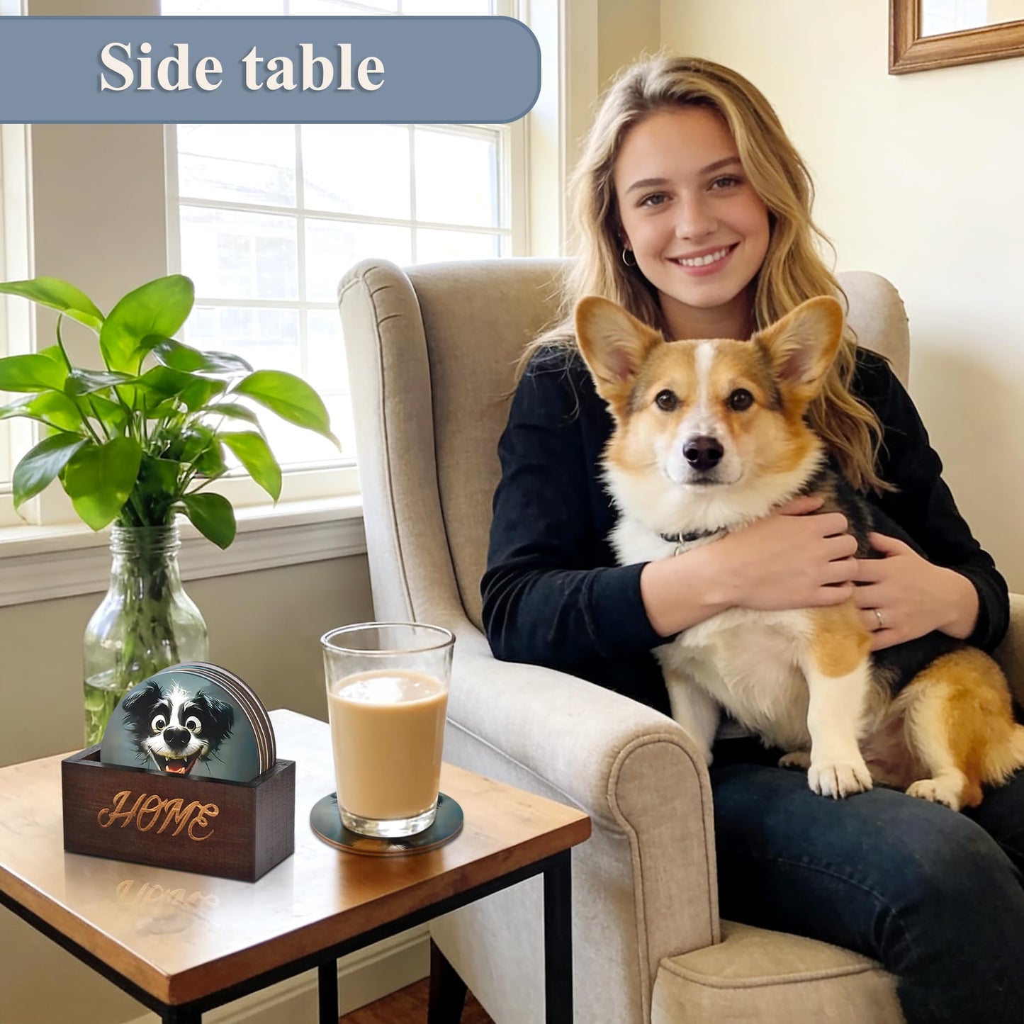 Bar Coaster Set, Drink Coaster for Home Decor, Wood Coffee Coasters 6Pack (Dog)