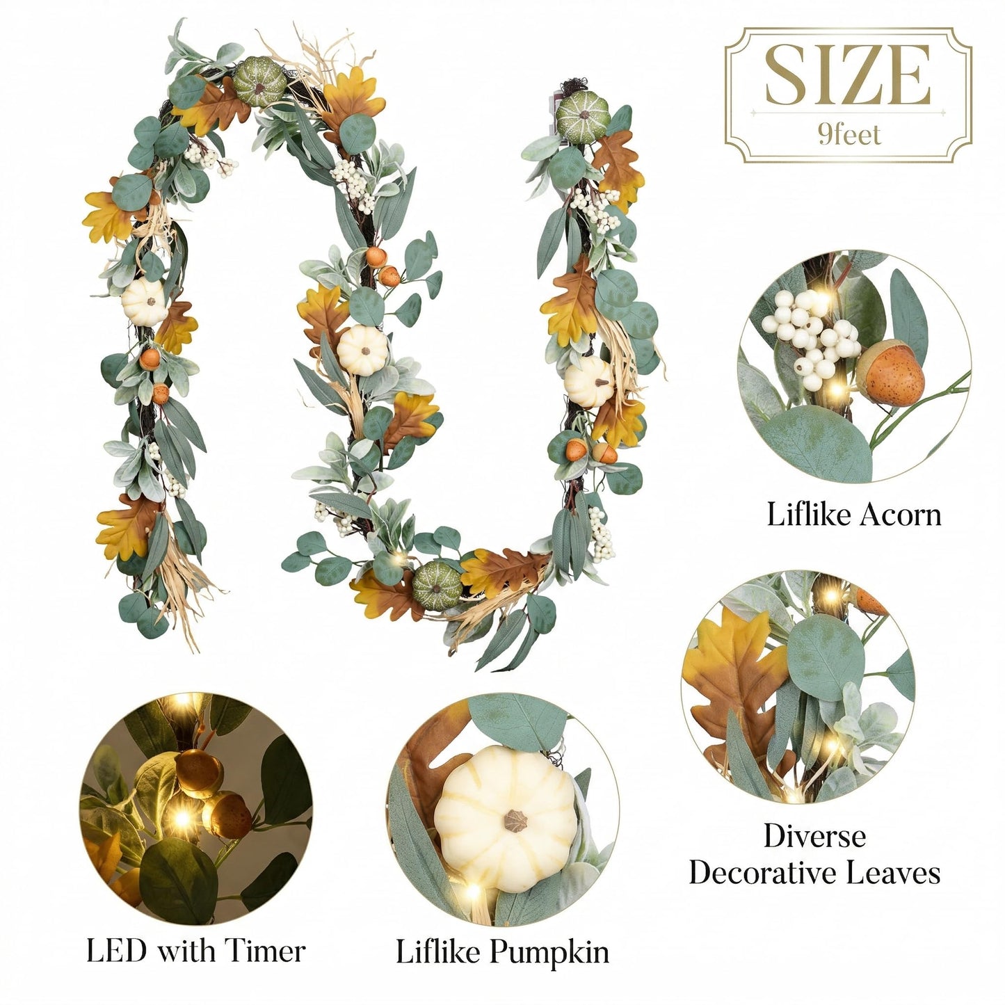 Valery Madelyn Fall Garland for Mantle, 9ft Lambs Ear Leaves Garland with Lights White Pumpkins Thanksgiving Table Centerpiece, Fall Autumn Decorations for Home Porch Fireplace Outdoor Halloween Decor