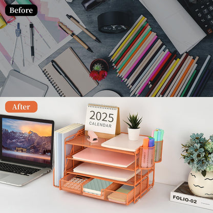 gianotter Paper Letter Tray Organizer with File Holder, 4-Tier Desk Accessories & Workspace Desk Organizers with Drawer and 2 Pen Holder for Office Supplies (Orange)