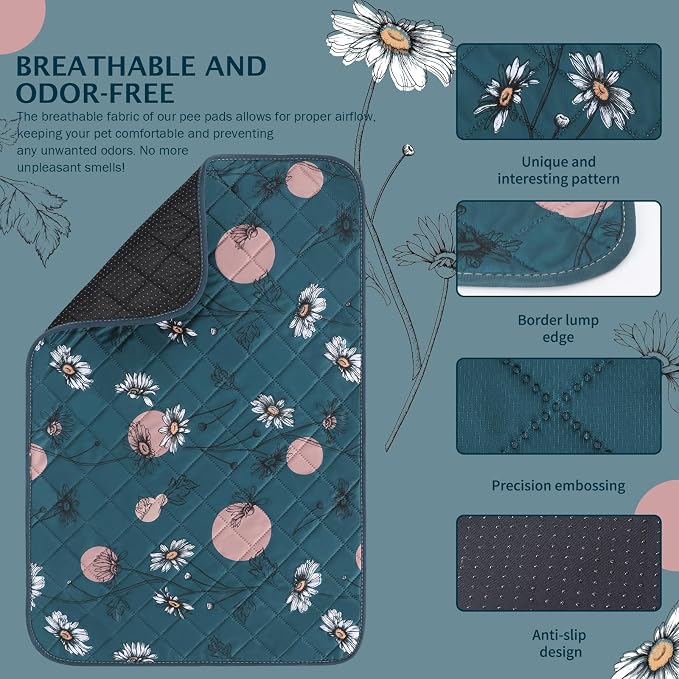 IEUUMLER Washable Pee Pads for Dogs, 2 Pack Non-Slip & Waterproof Pack Whelping Pad, Reusable Washable Puppy Potty Training Pad with Fast Absorbent for Playpen EU007 (Navy Blue Daisy, 48"X30"-2pcs)