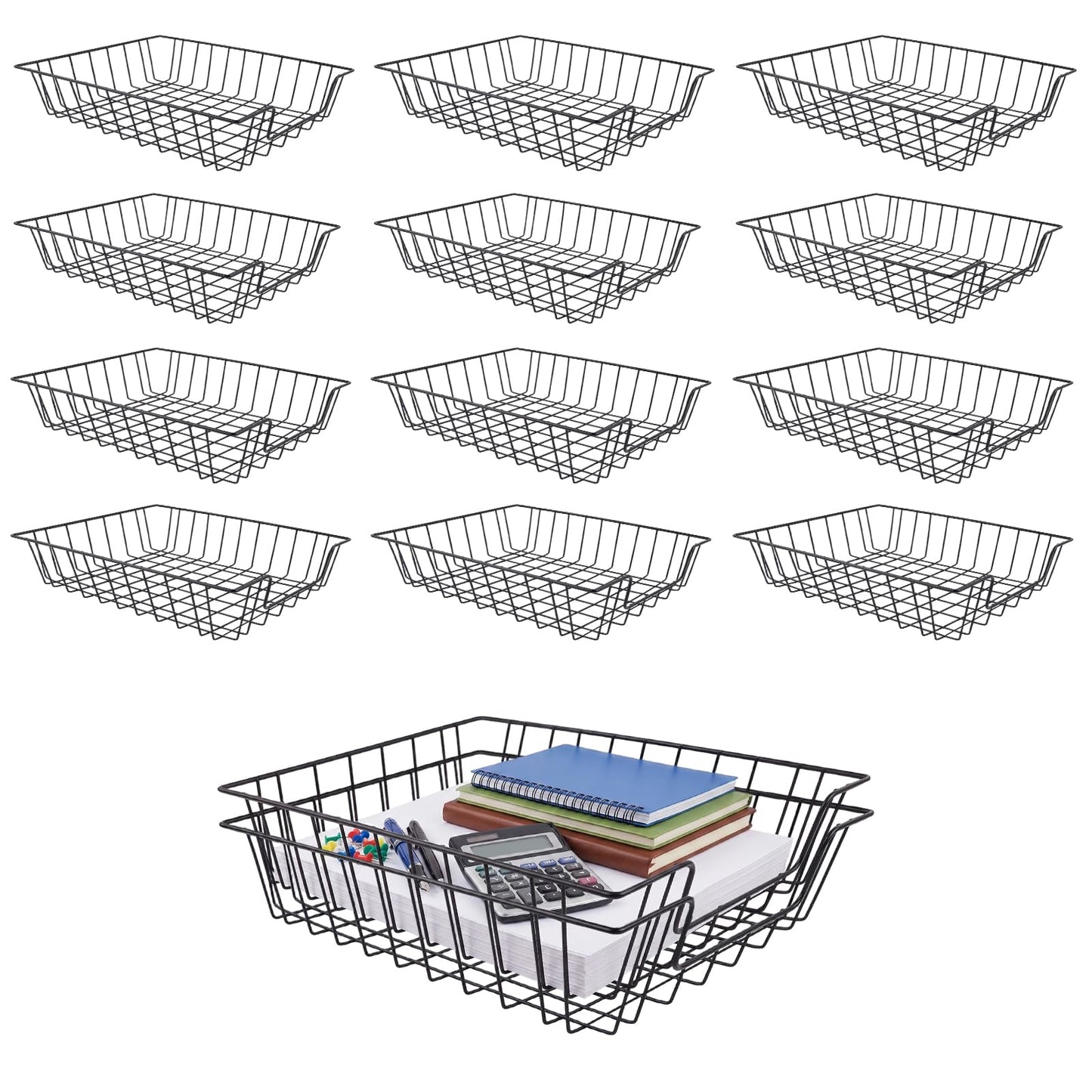 12 Pack Desk Drawer Organizer Letter Tray – Stackable Metal Mesh Wire Paper Trays | A4 Paper Document Desk Basket with Smooth Edges | Rust Proof Storage Tray for Home Office School Desk