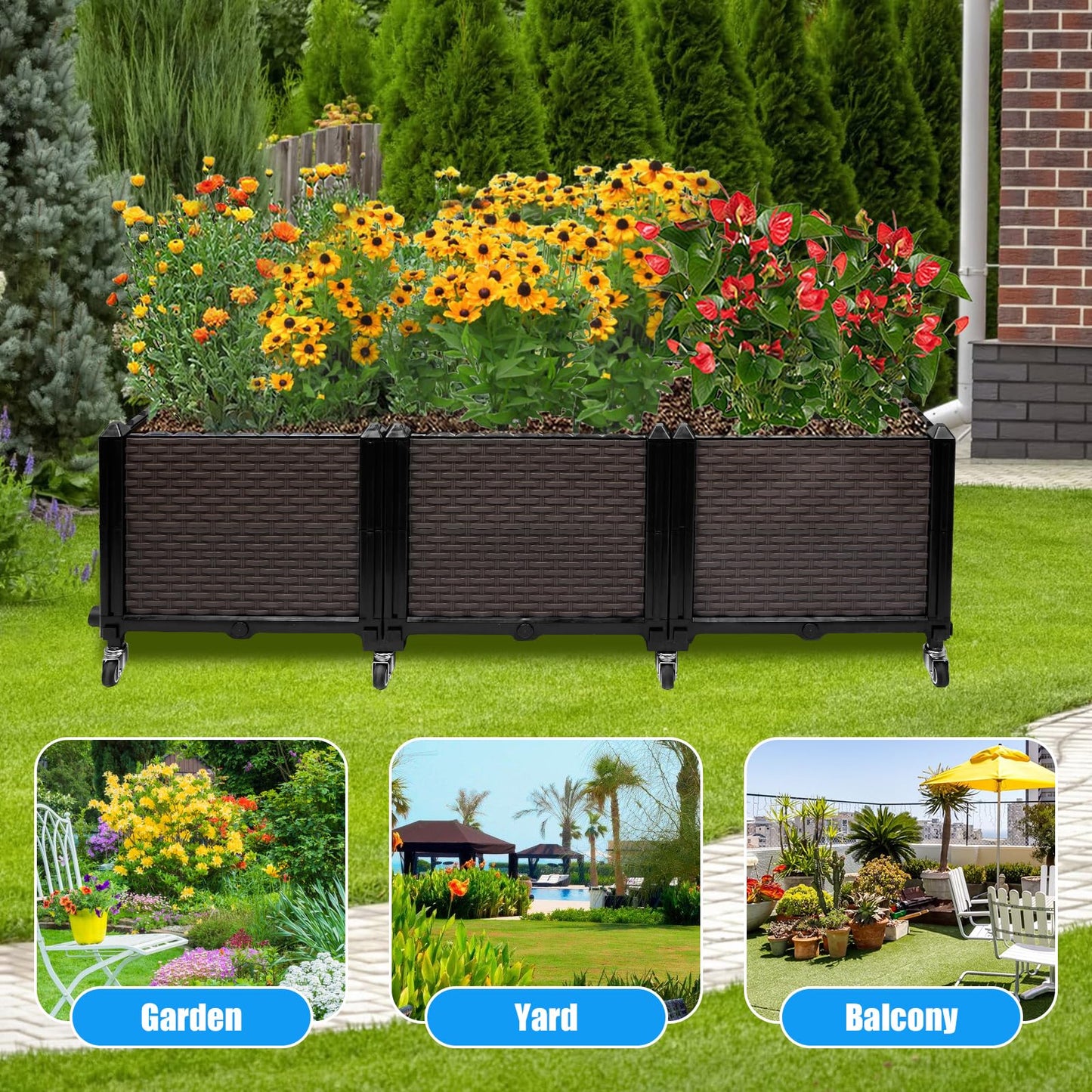 Ciao Stilista Raised Plant Box with Wheels 47.2"x15.7"x16.1", Raised Beds for Gardening Self Watering, Durable Metal Lockable Casters, Rectangular Garden Planter Perfect for Garden Patio Balcony Deck