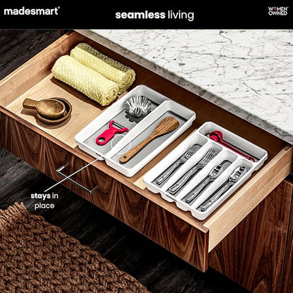 madesmart Small Utensil Tray, Multi Purpose Storage Organizer, Deep Storage for Ladles, Whisks & Serving Tools, Non Slip Lining, for Drawers & Home Organization, White