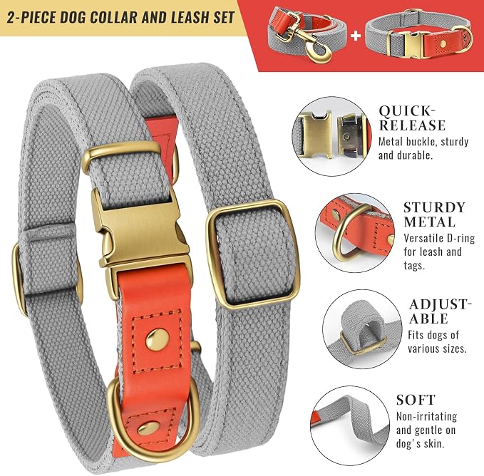 Nylon Dog Leash and Collar Set with Metal Quick Release Buckle, Adjustable, Durable High-Density Fabric, Breathable, Soft and Comfortable for Walking and Training, Silver-Gray, XL (16.9"-26")
